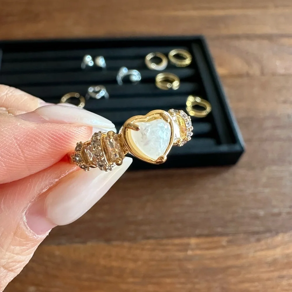 Gold Heart Open Ring Adjustable Rhinestone Heart Ring Romantic Statement Ring